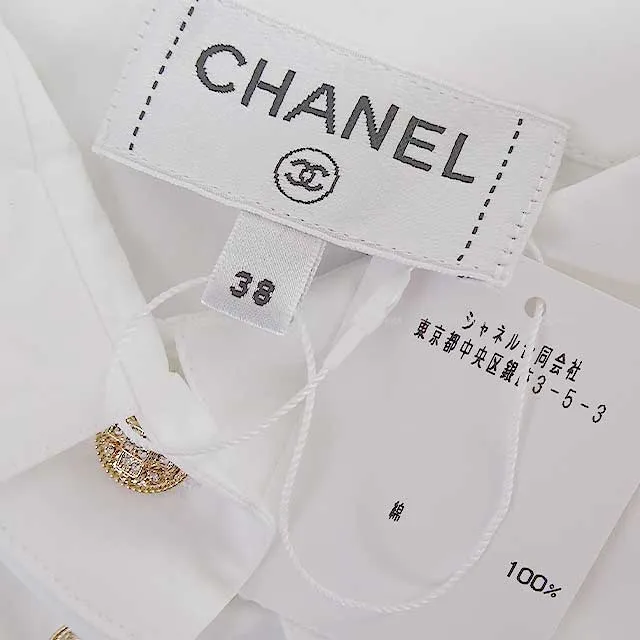 2022 CHANEL Long sleeve shirt Ladies Rhinestone Cross button Cotton Frill Blanc (White) Cotton 38 P73037