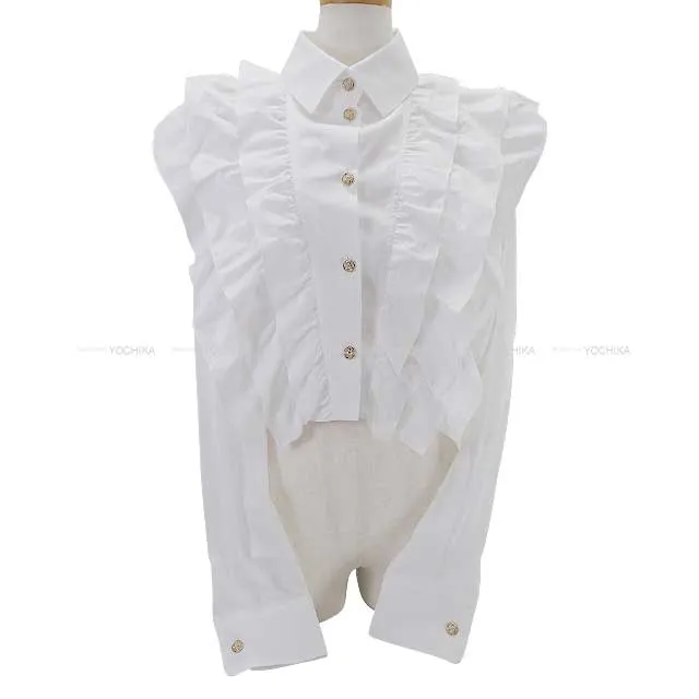 2022 CHANEL Long sleeve shirt Ladies Rhinestone Cross button Cotton Frill Blanc (White) Cotton 38 P73037