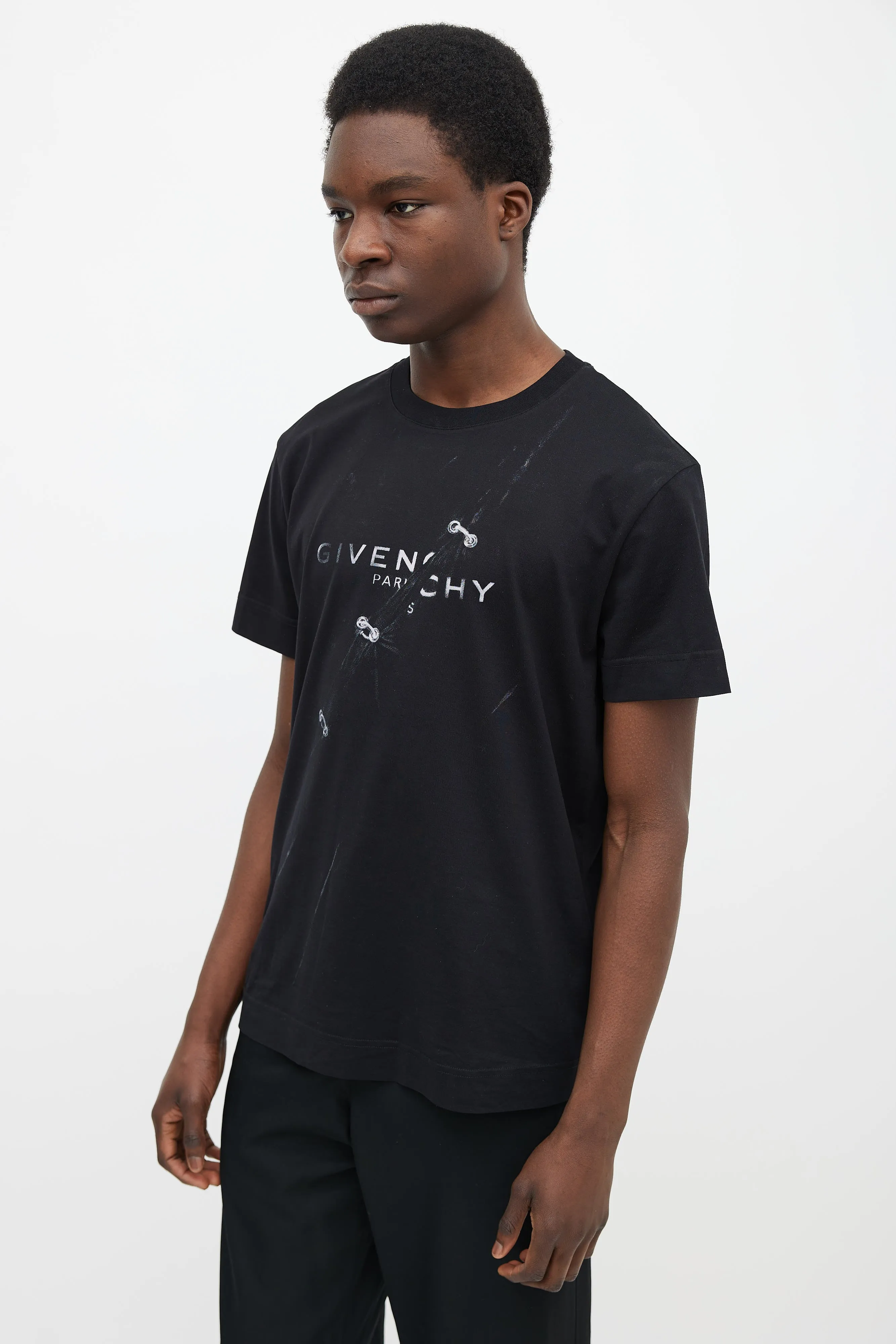 Black Cotton & Grey Printed Pierced Tear Logo T-Shirt