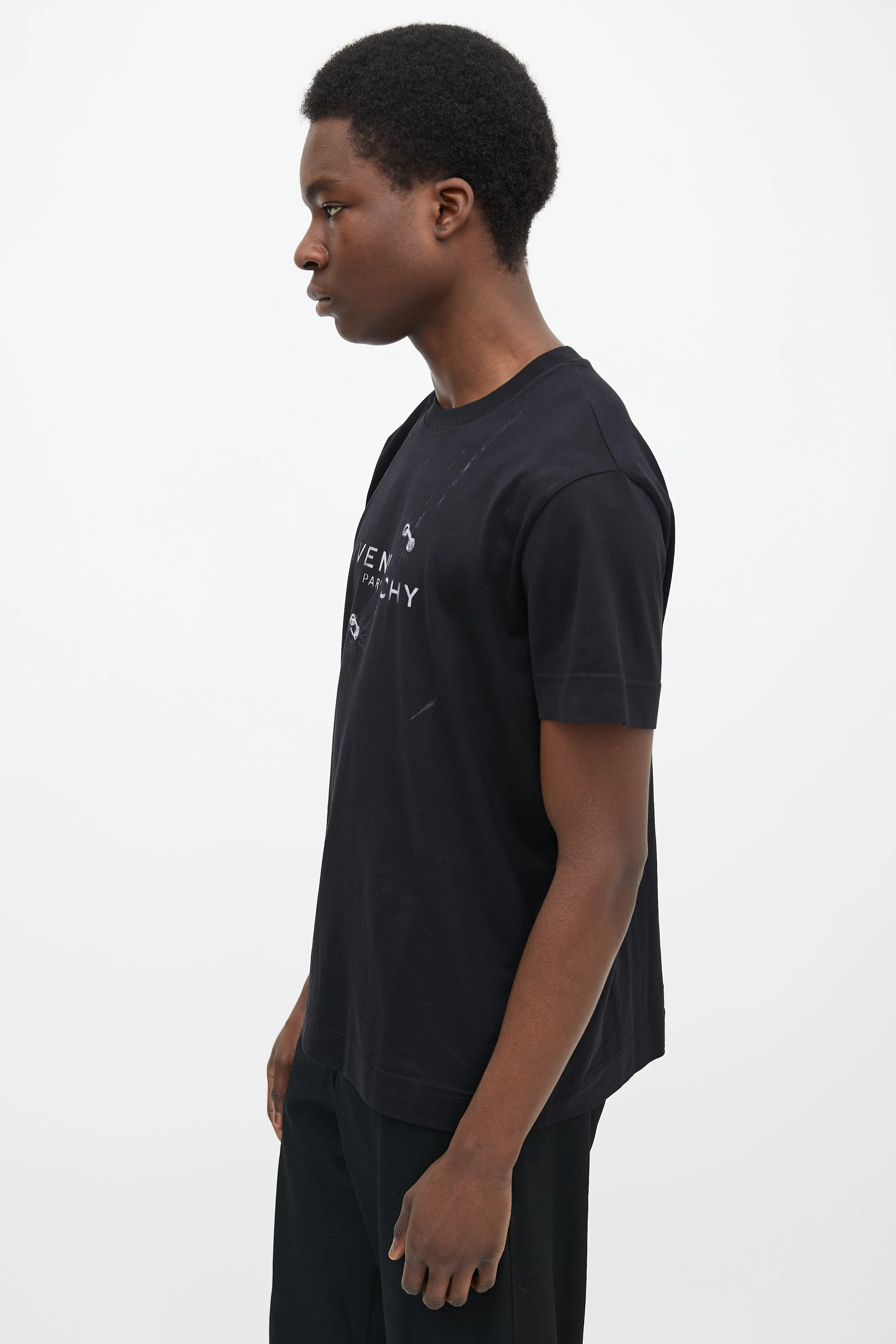 Black Cotton & Grey Printed Pierced Tear Logo T-Shirt