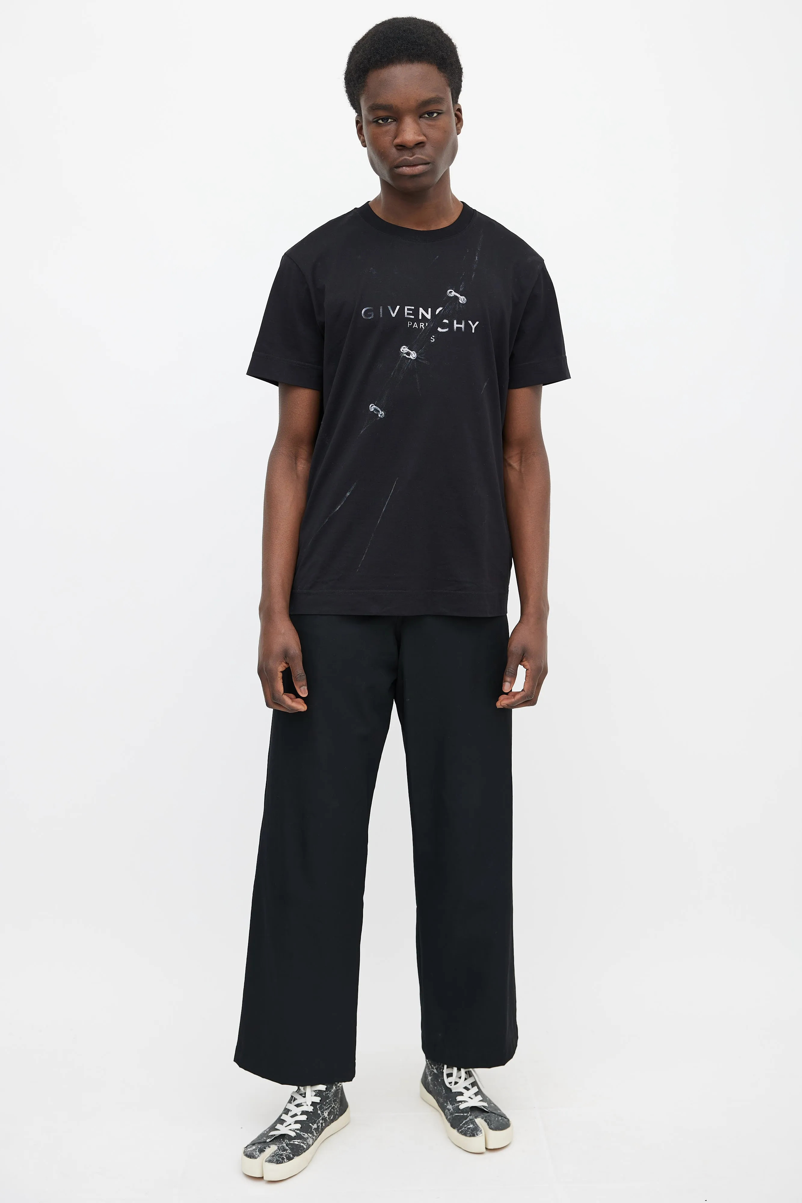Black Cotton & Grey Printed Pierced Tear Logo T-Shirt