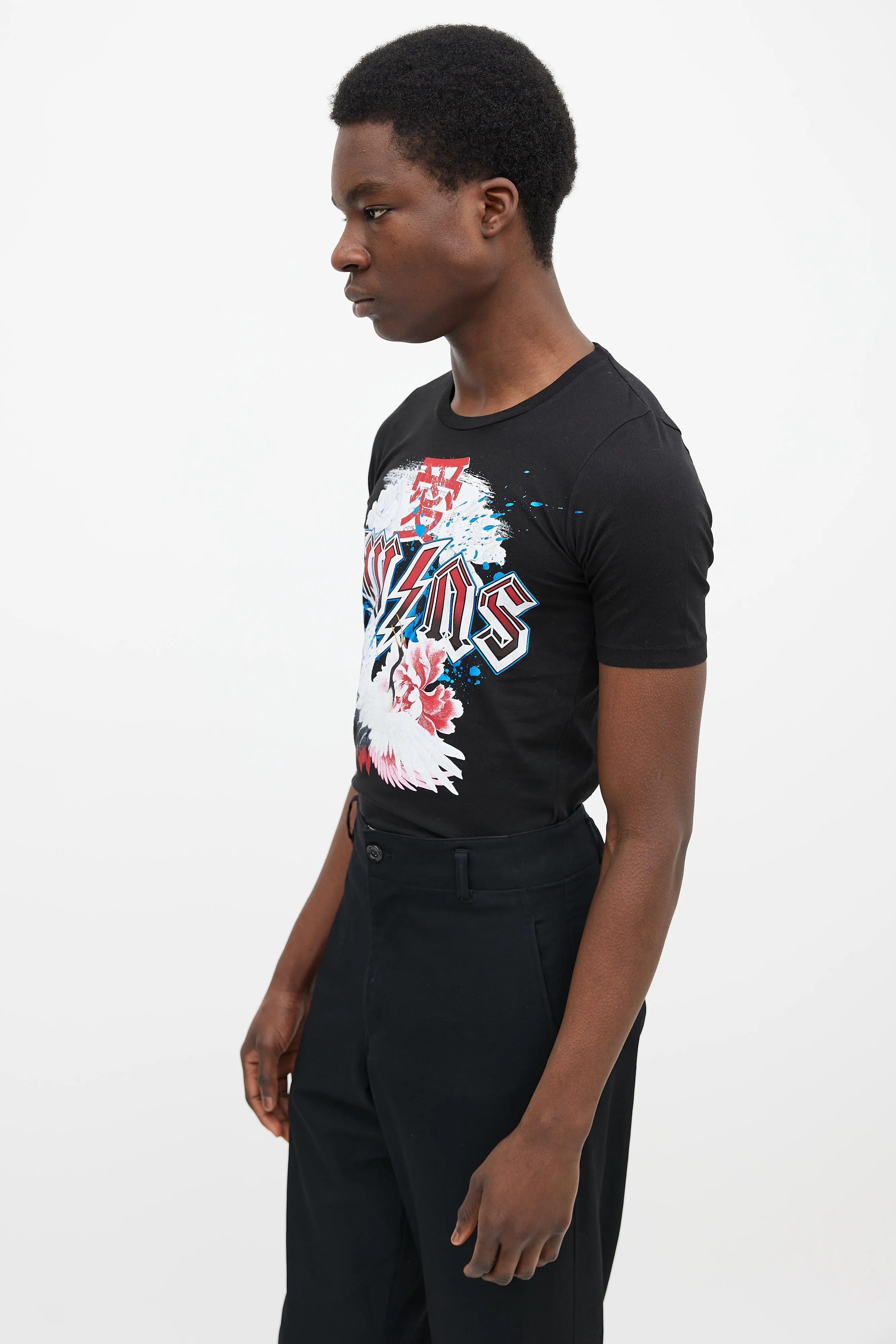 Black Cotton & Multicolor Band Graphic Print T-Shirt