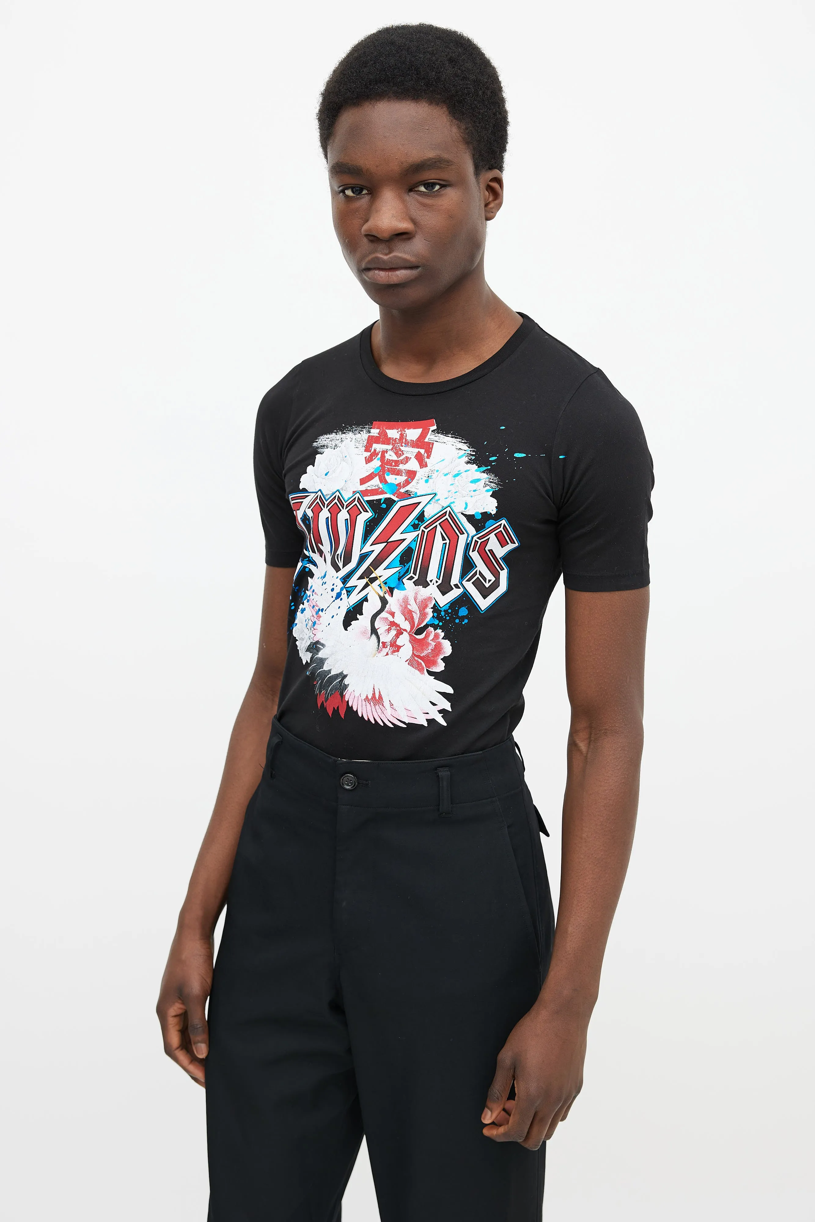 Black Cotton & Multicolor Band Graphic Print T-Shirt