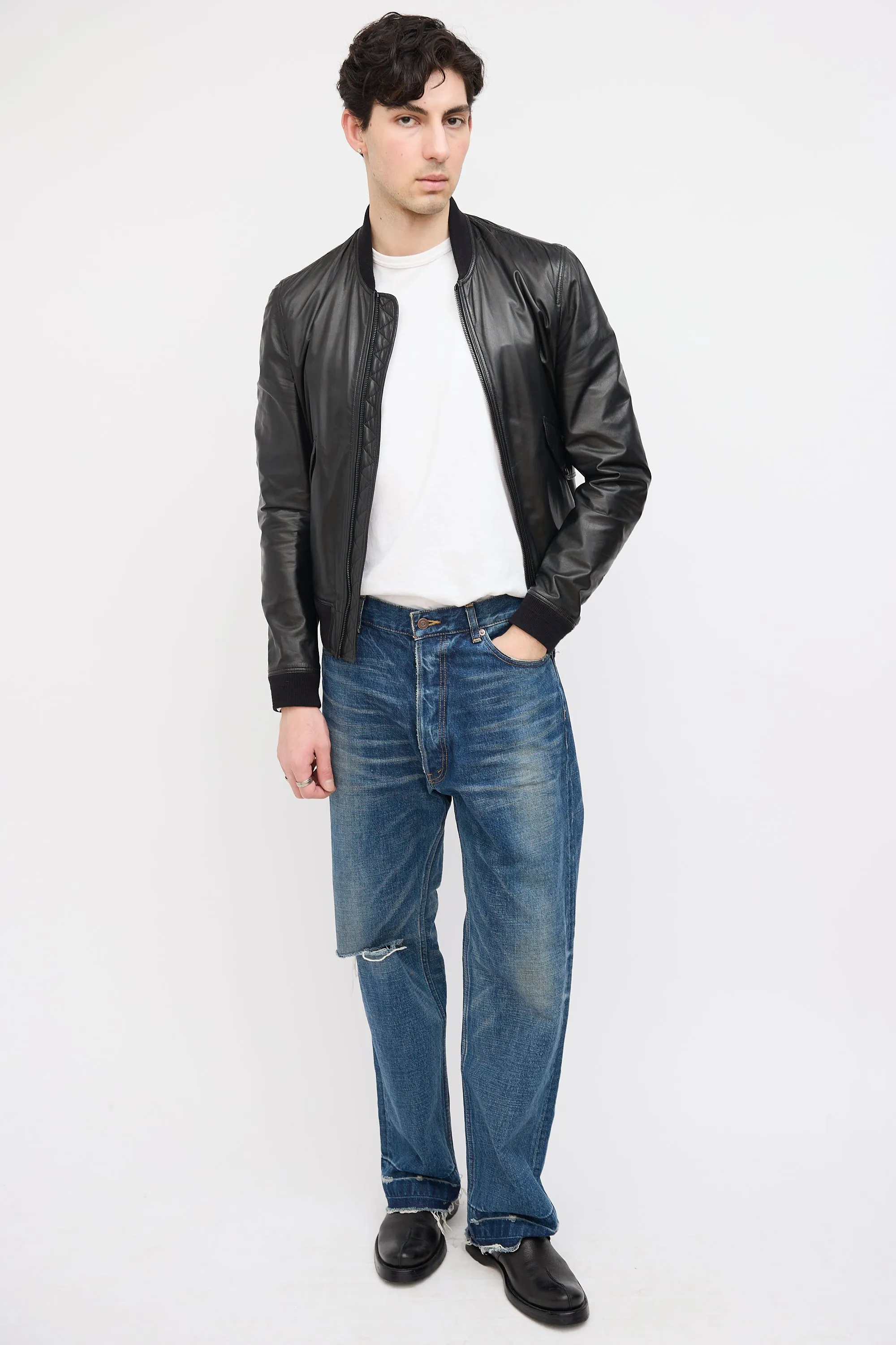 Black Leather Zip Bomber Jacket