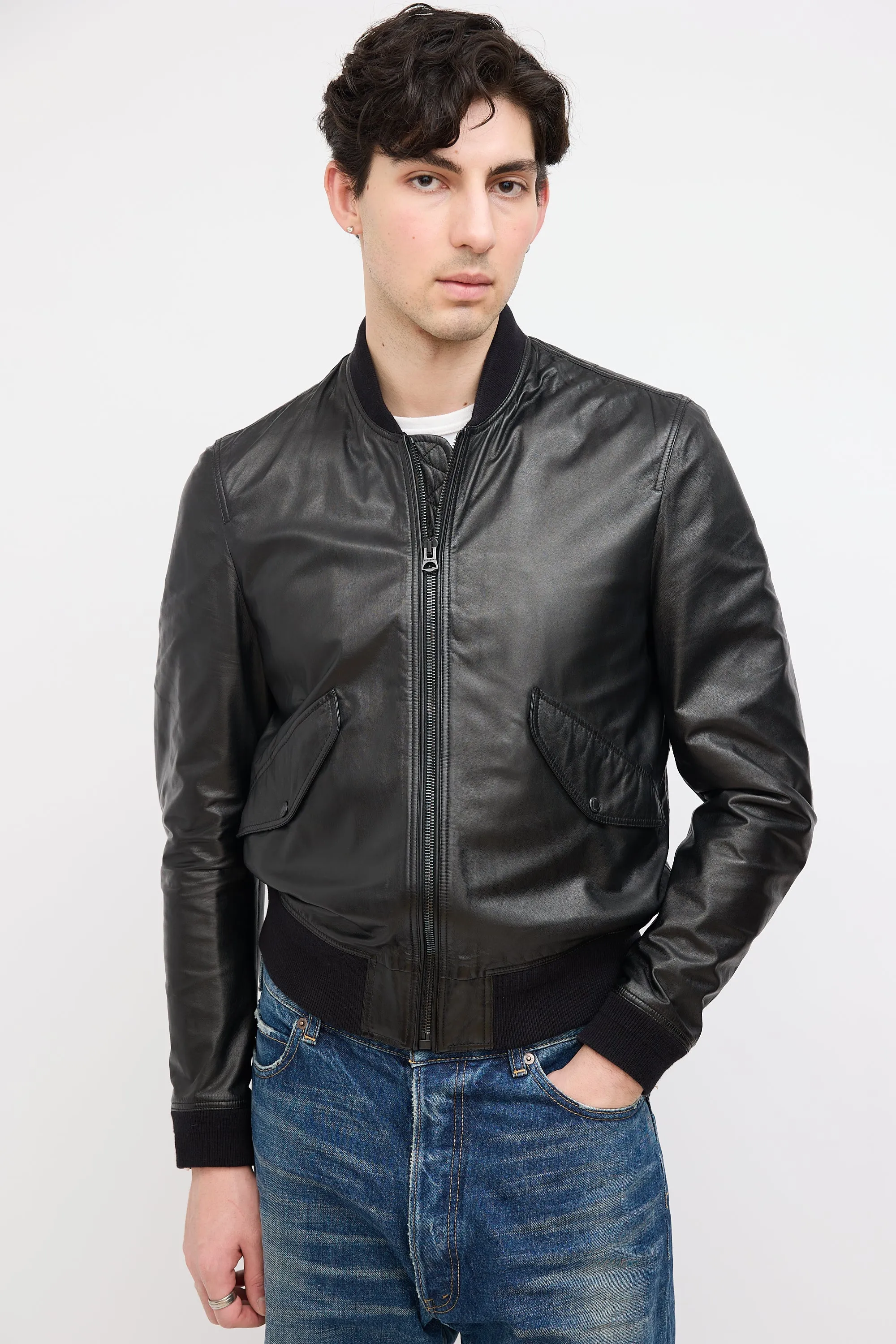 Black Leather Zip Bomber Jacket