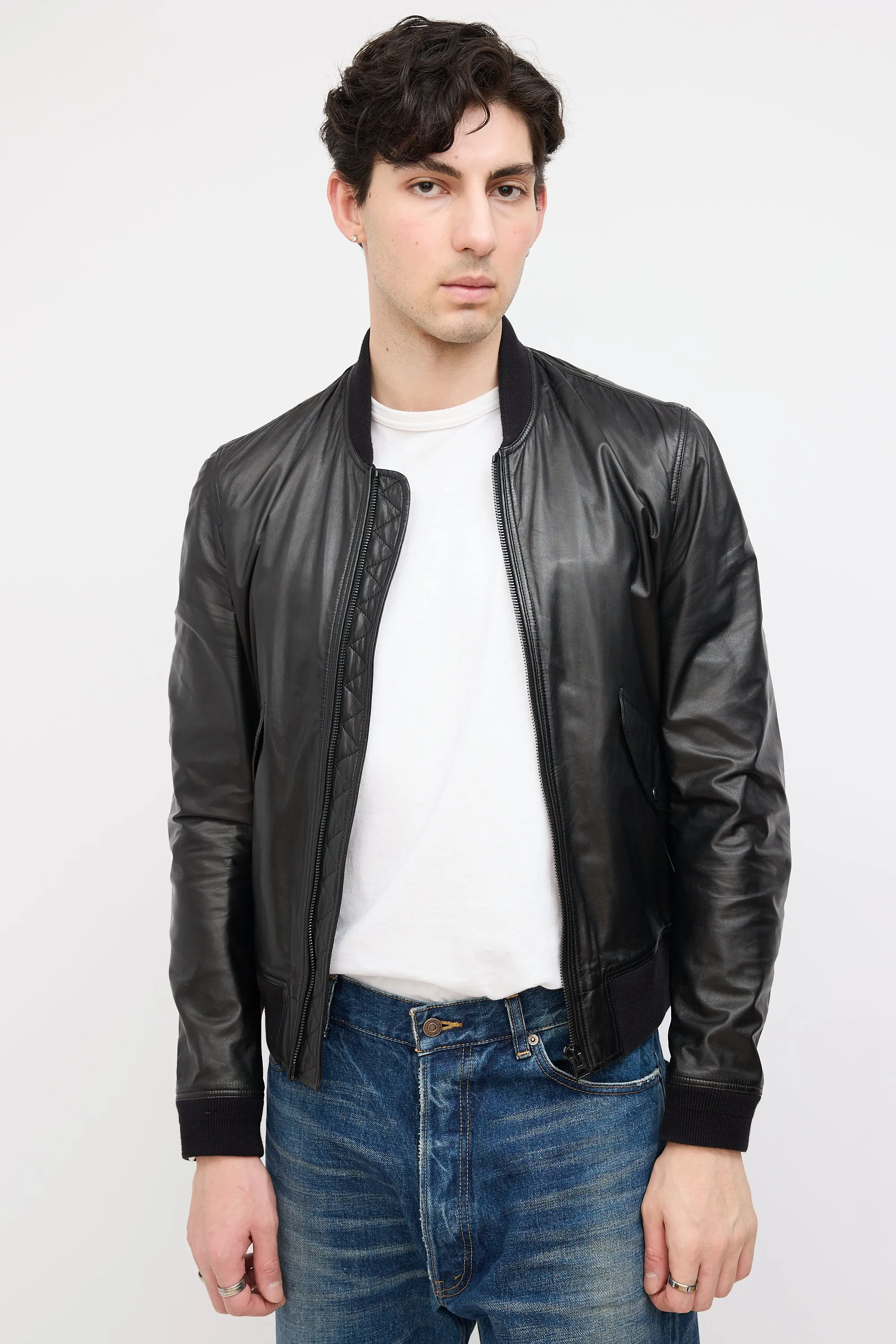 Black Leather Zip Bomber Jacket