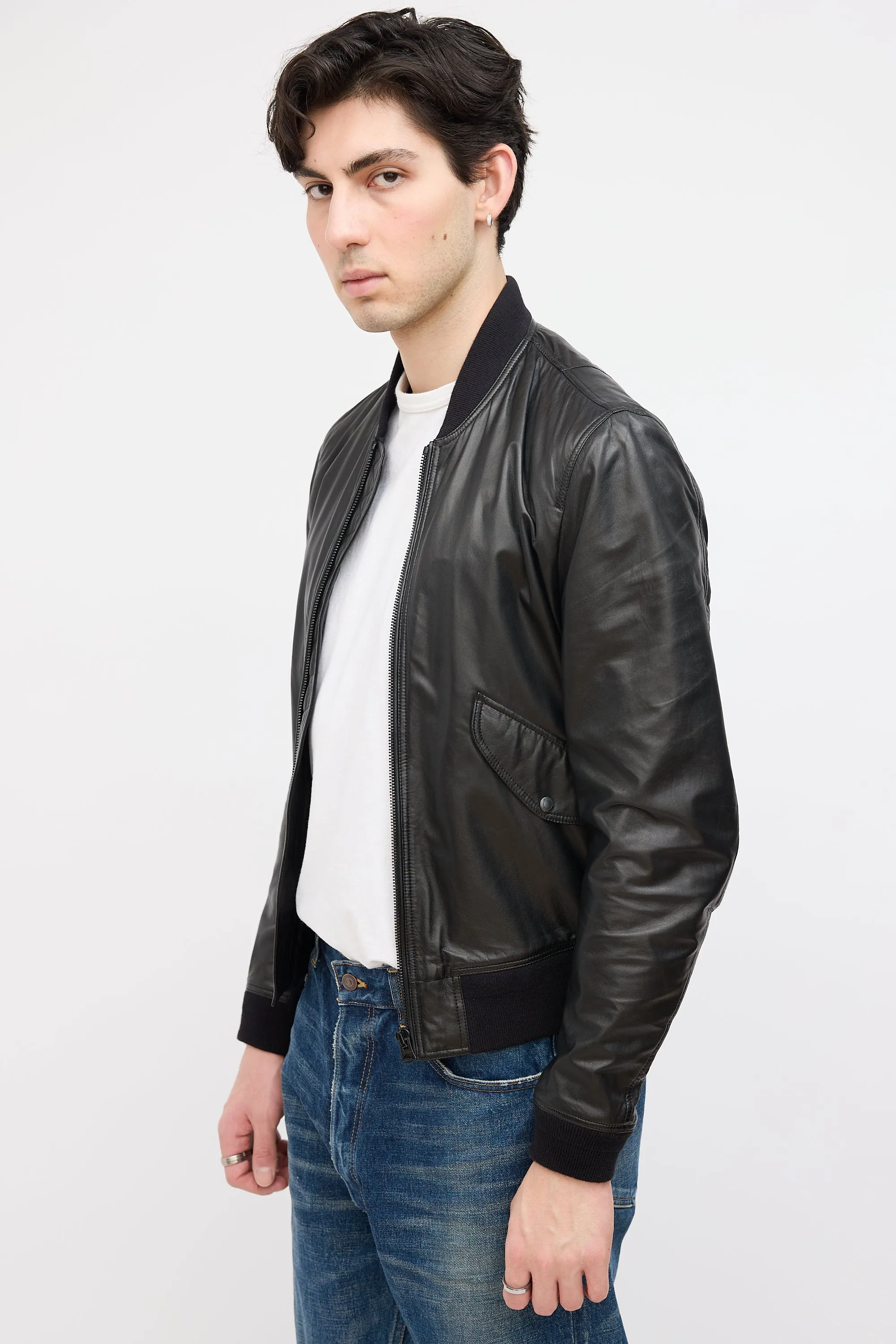 Black Leather Zip Bomber Jacket