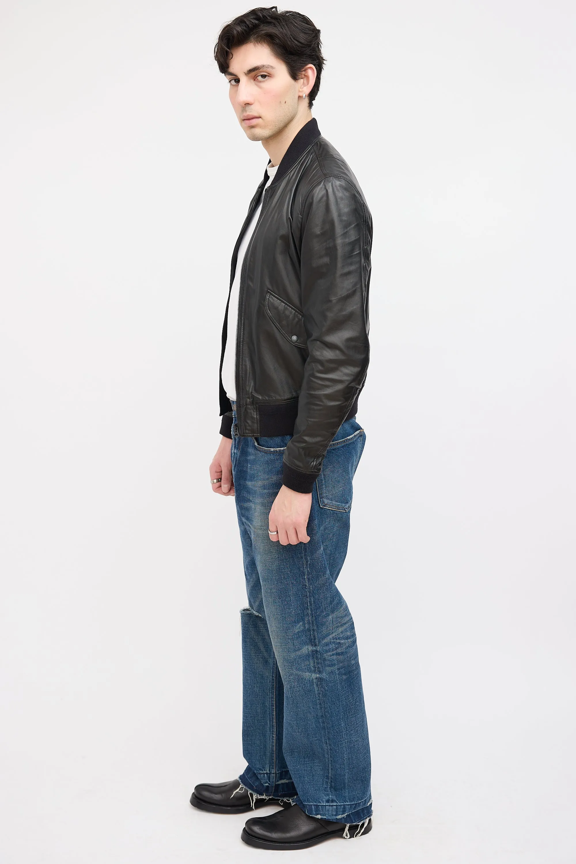 Black Leather Zip Bomber Jacket