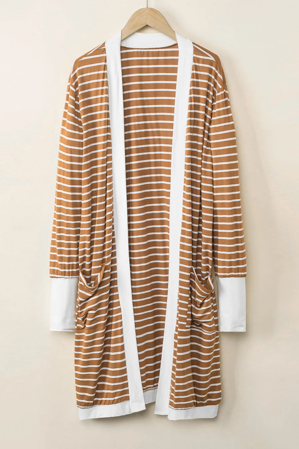 Brown Striped Side Pockets Open Front Cardigan