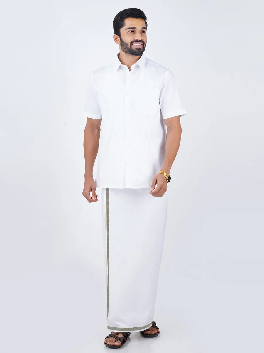 Cotton White Shirt Bit with 3/4" Silver Jari Dhoti Combo Pilot Soft