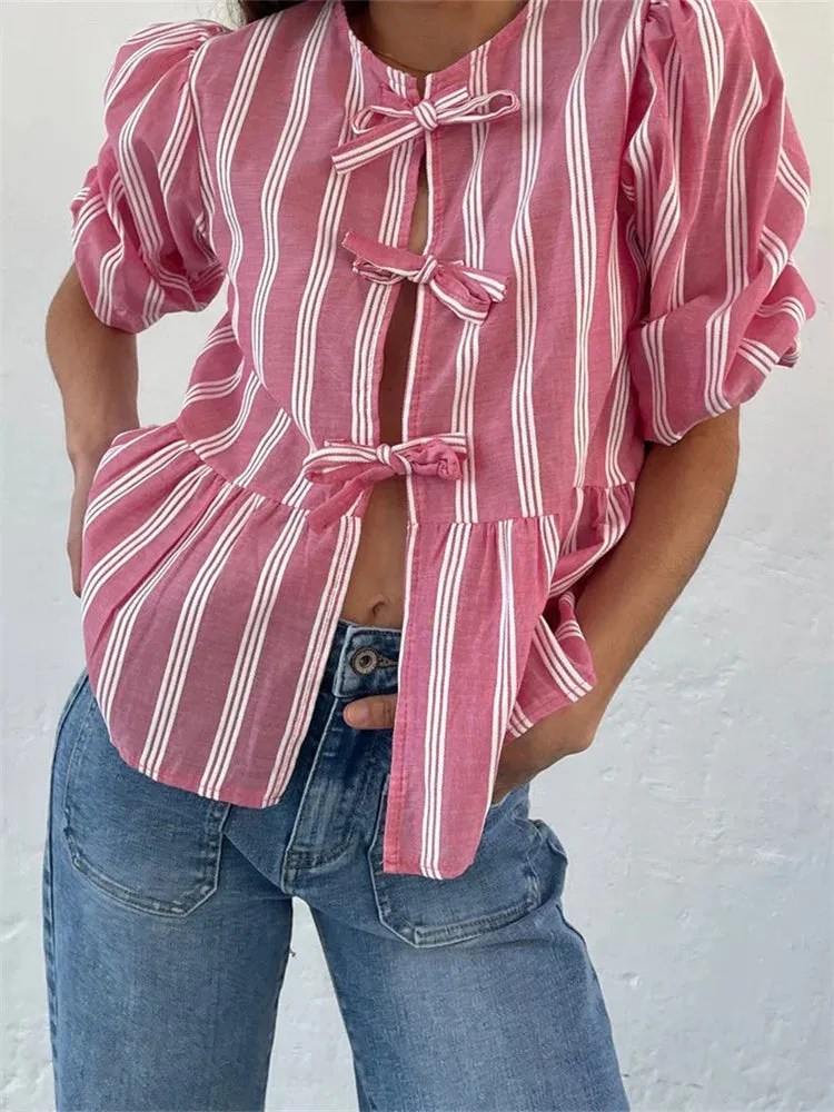 Fashion Women's Casual Short Sleeve O Neck Solid Color/Striped Streetwear Blouse