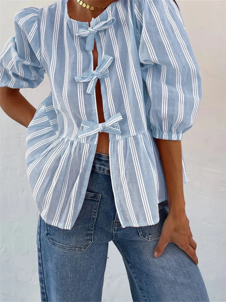 Fashion Women's Casual Short Sleeve O Neck Solid Color/Striped Streetwear Blouse