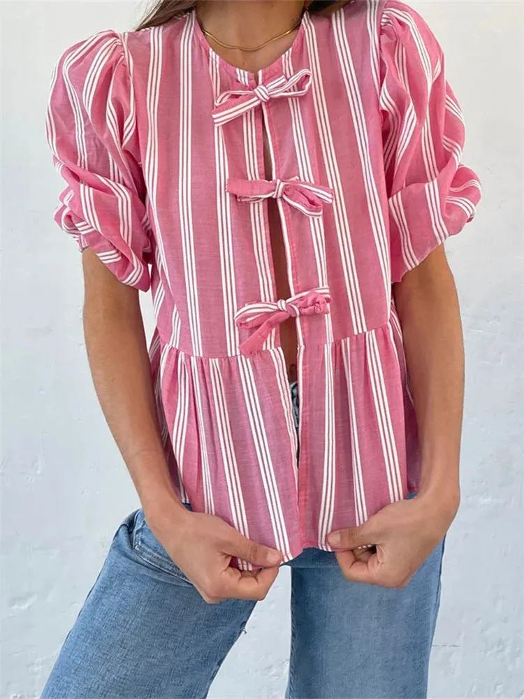 Fashion Women's Casual Short Sleeve O Neck Solid Color/Striped Streetwear Blouse