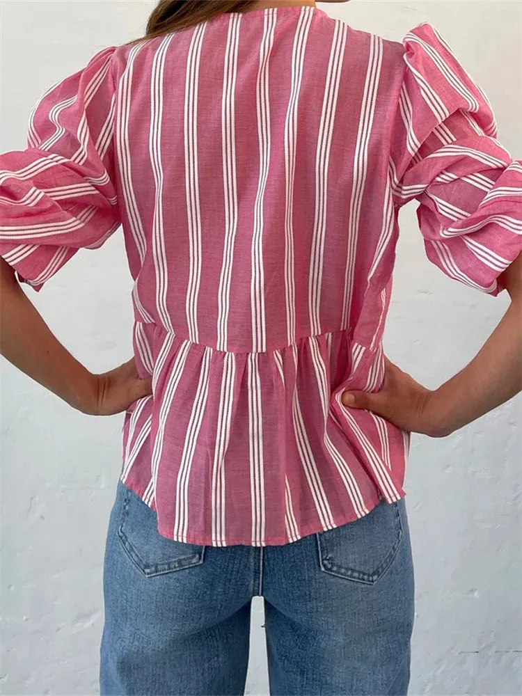 Fashion Women's Casual Short Sleeve O Neck Solid Color/Striped Streetwear Blouse