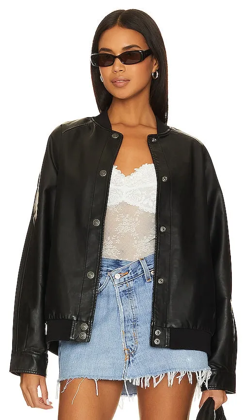 Free People x We The Free Wild Rose Faux Leather Bomber in Black