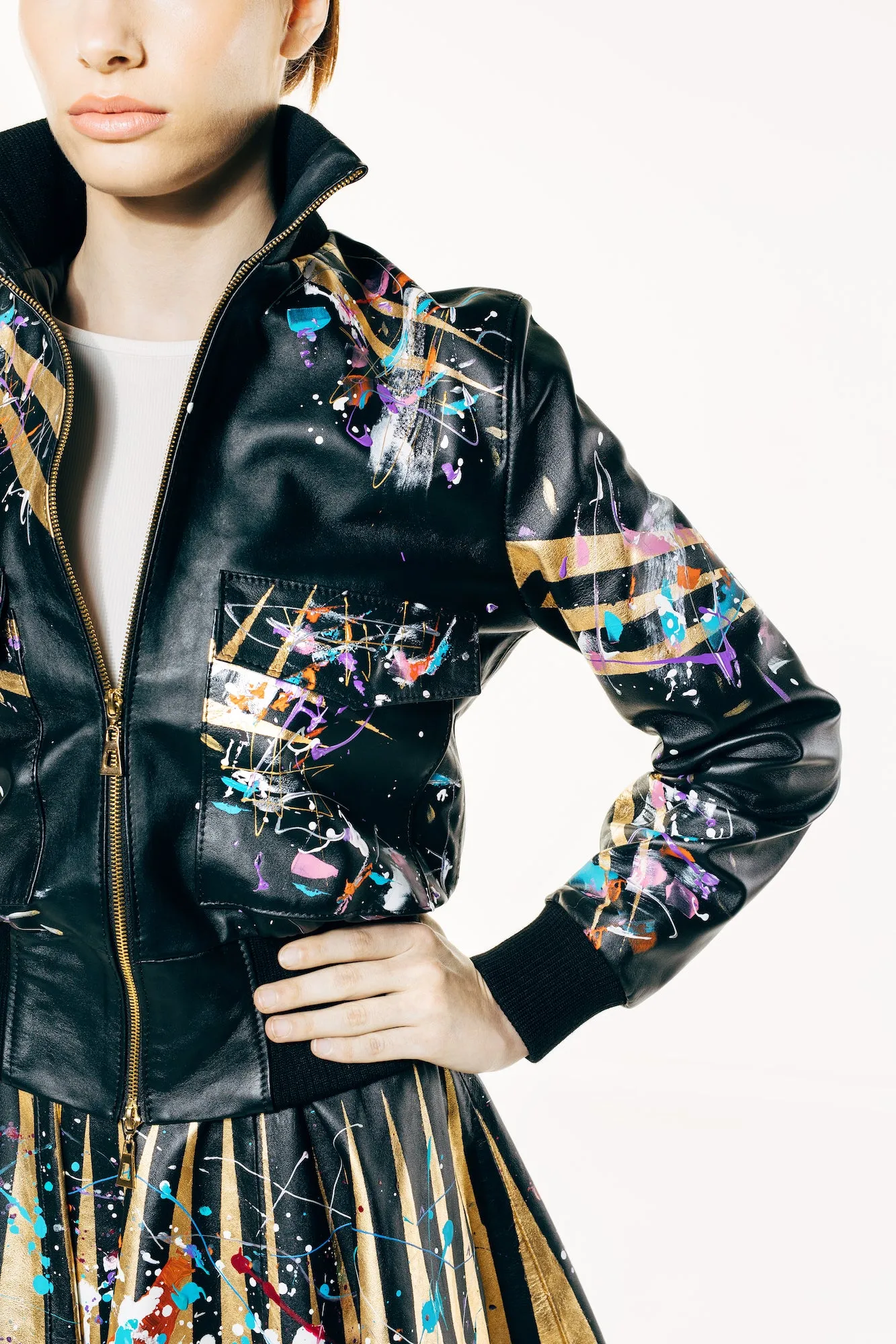 Hunter Black Leather Hand-Painted Bomber Jacket