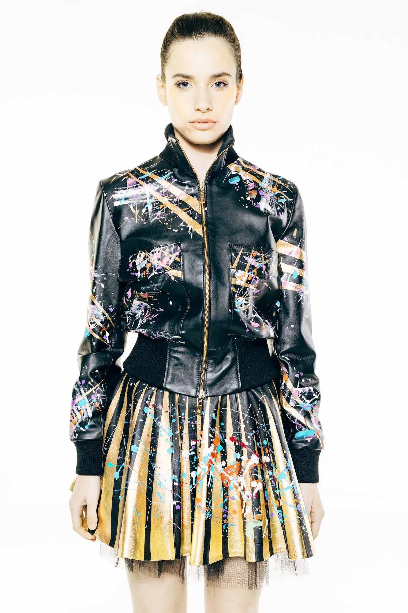 Hunter Black Leather Hand-Painted Bomber Jacket