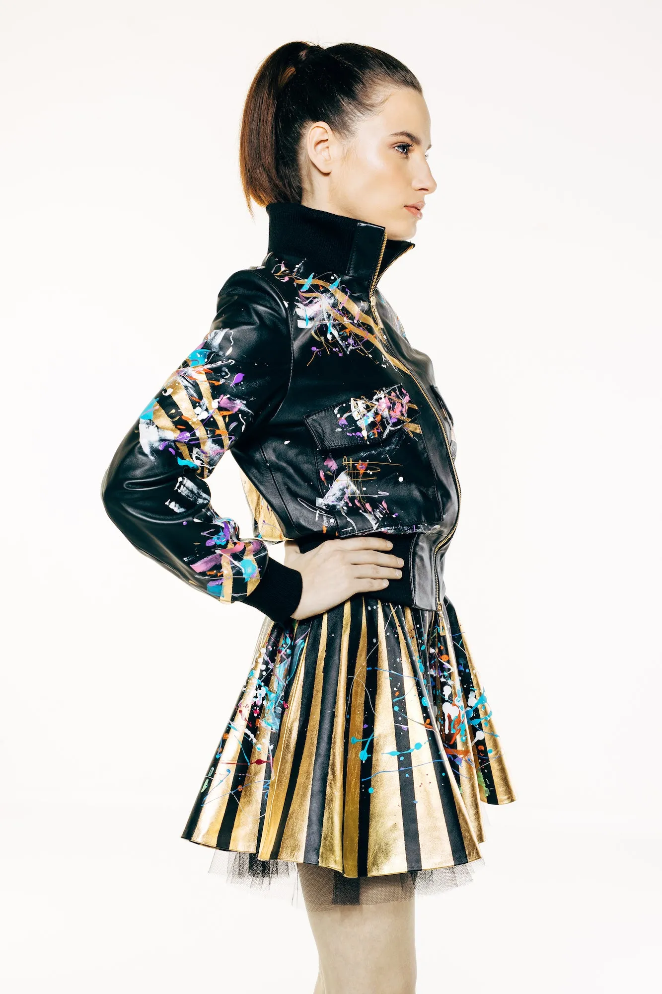 Hunter Black Leather Hand-Painted Bomber Jacket