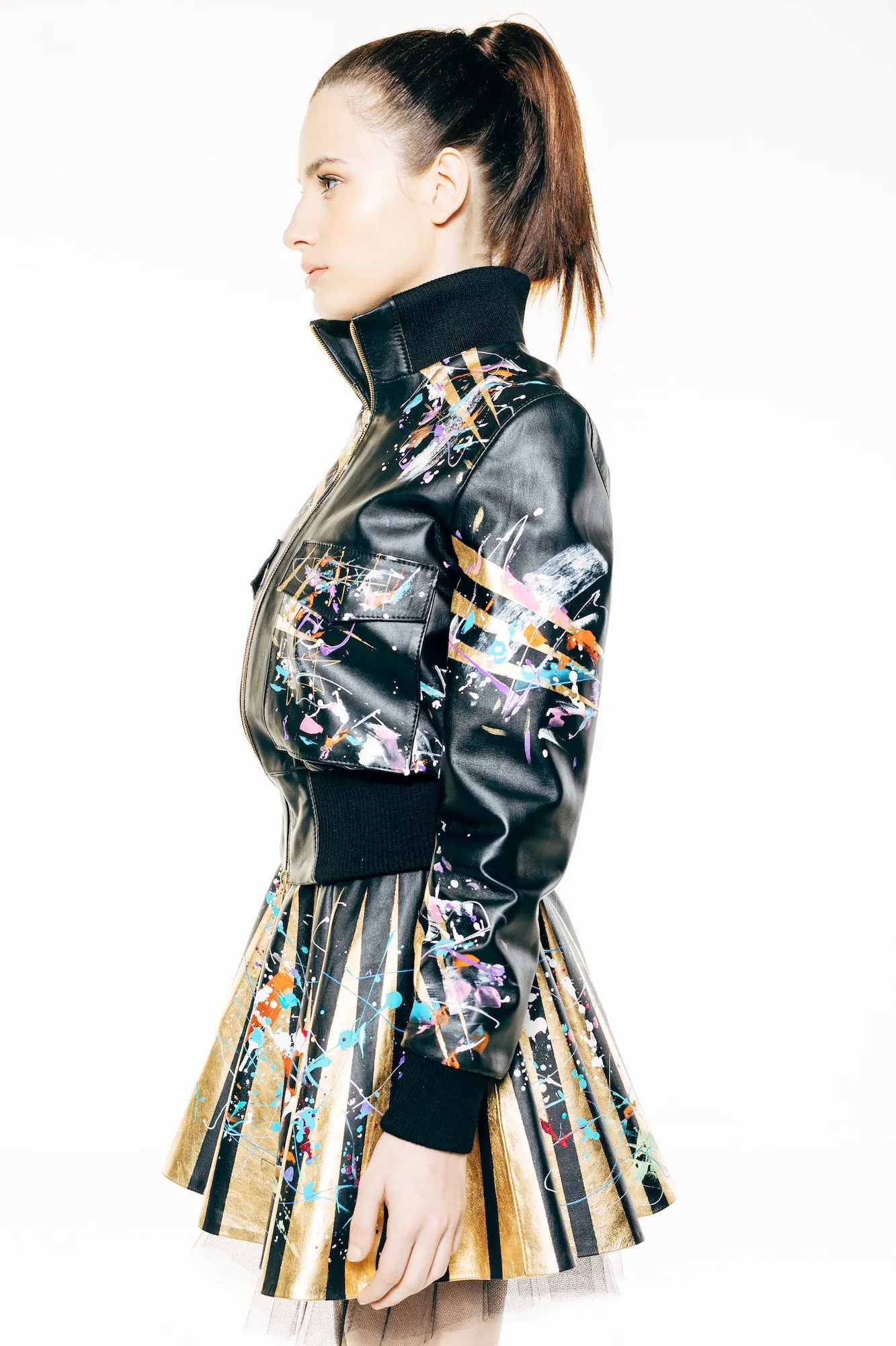 Hunter Black Leather Hand-Painted Bomber Jacket