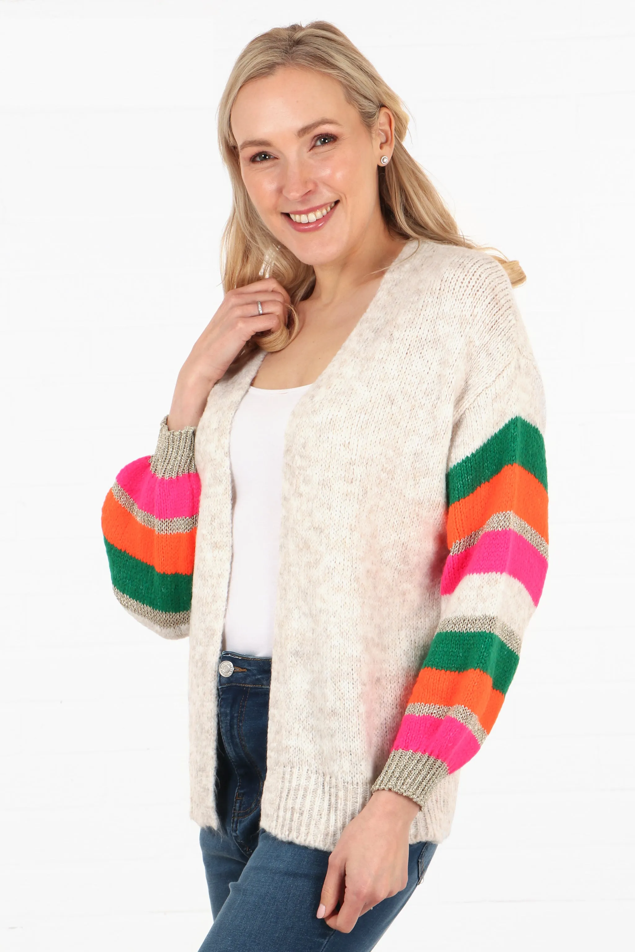 Open Front Wool Blend Balloon Sleeve Cardigan in Cream Orange Fuchsia
