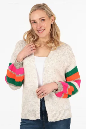 Open Front Wool Blend Balloon Sleeve Cardigan in Cream Orange Fuchsia