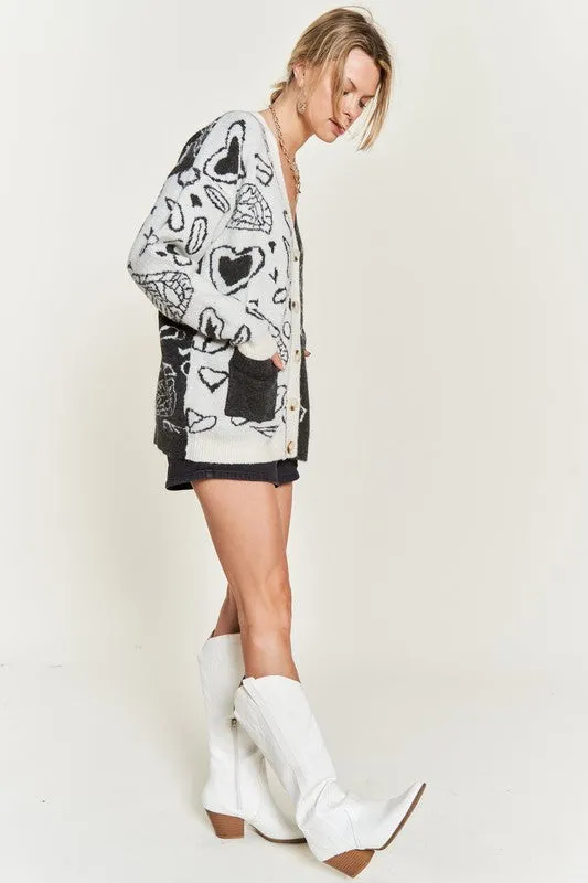 Oversized Heart Paisley Button-Down Sweater Cardigan with Color Block