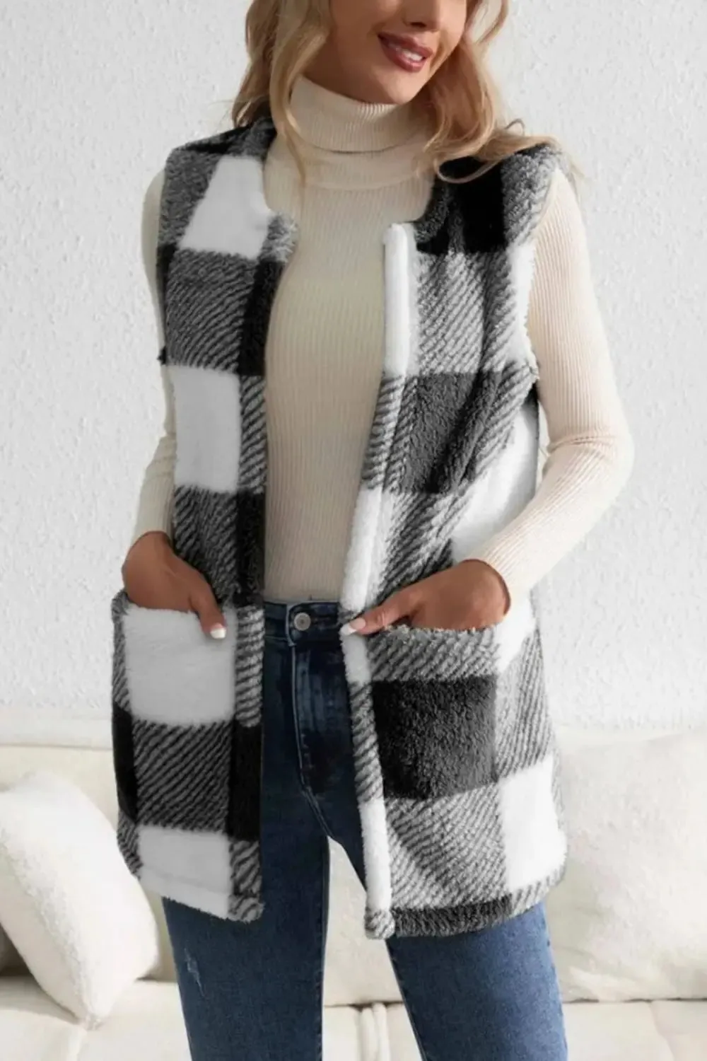 Plaid Open Front Vest Coat
