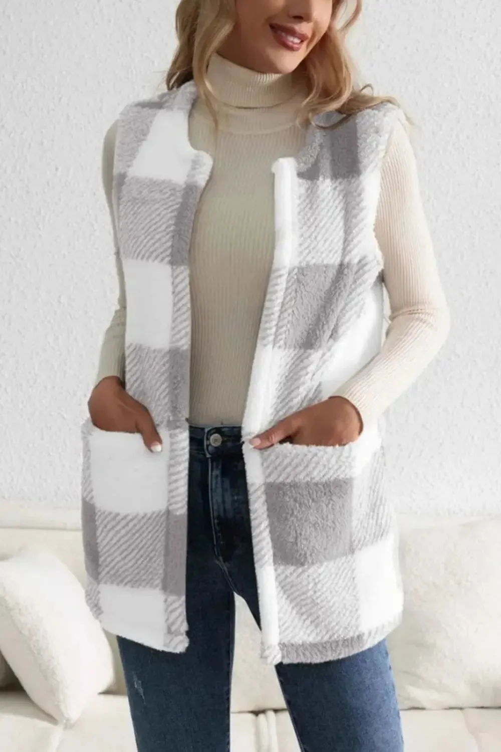 Plaid Open Front Vest Coat