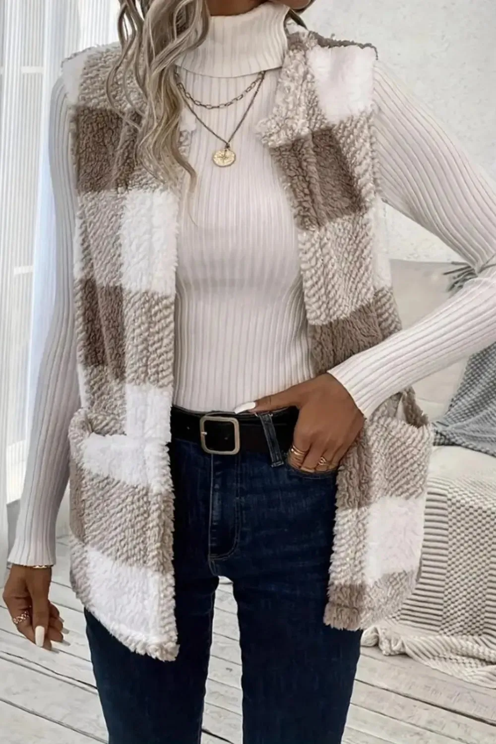 Plaid Open Front Vest Coat