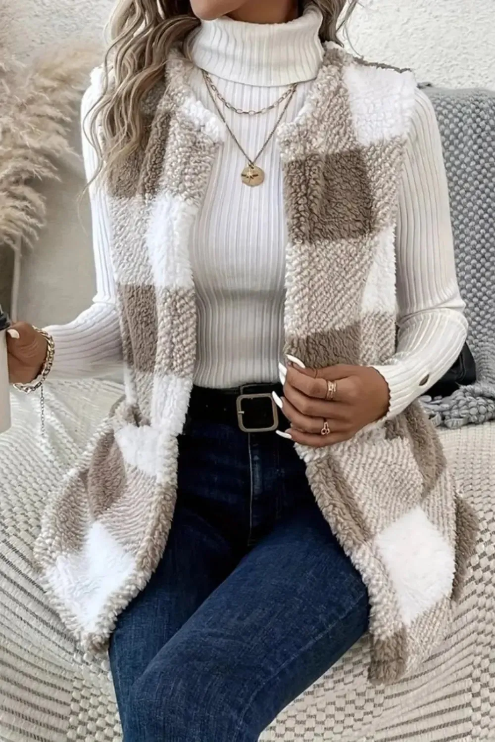 Plaid Open Front Vest Coat