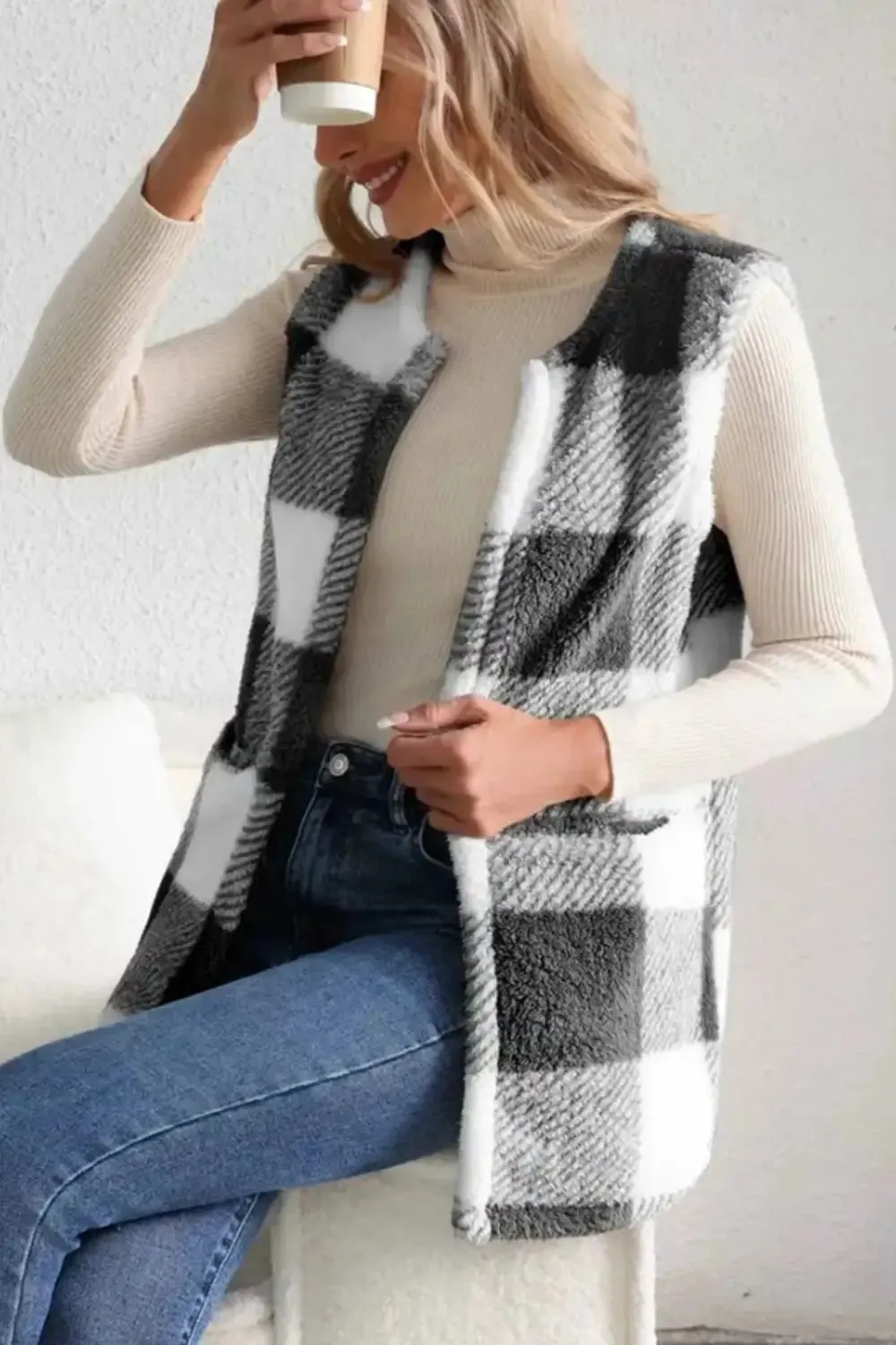 Plaid Open Front Vest Coat