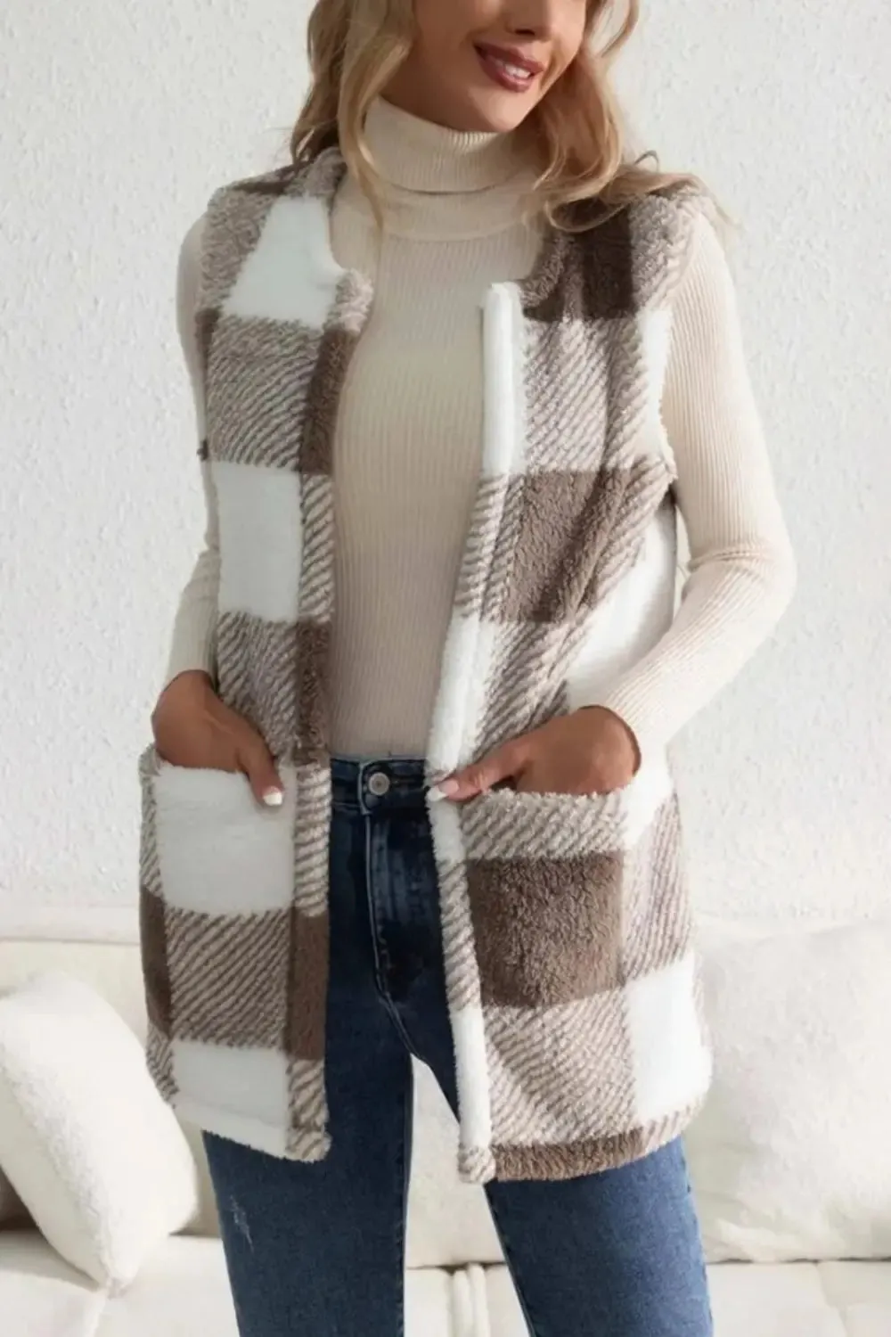 Plaid Open Front Vest Coat