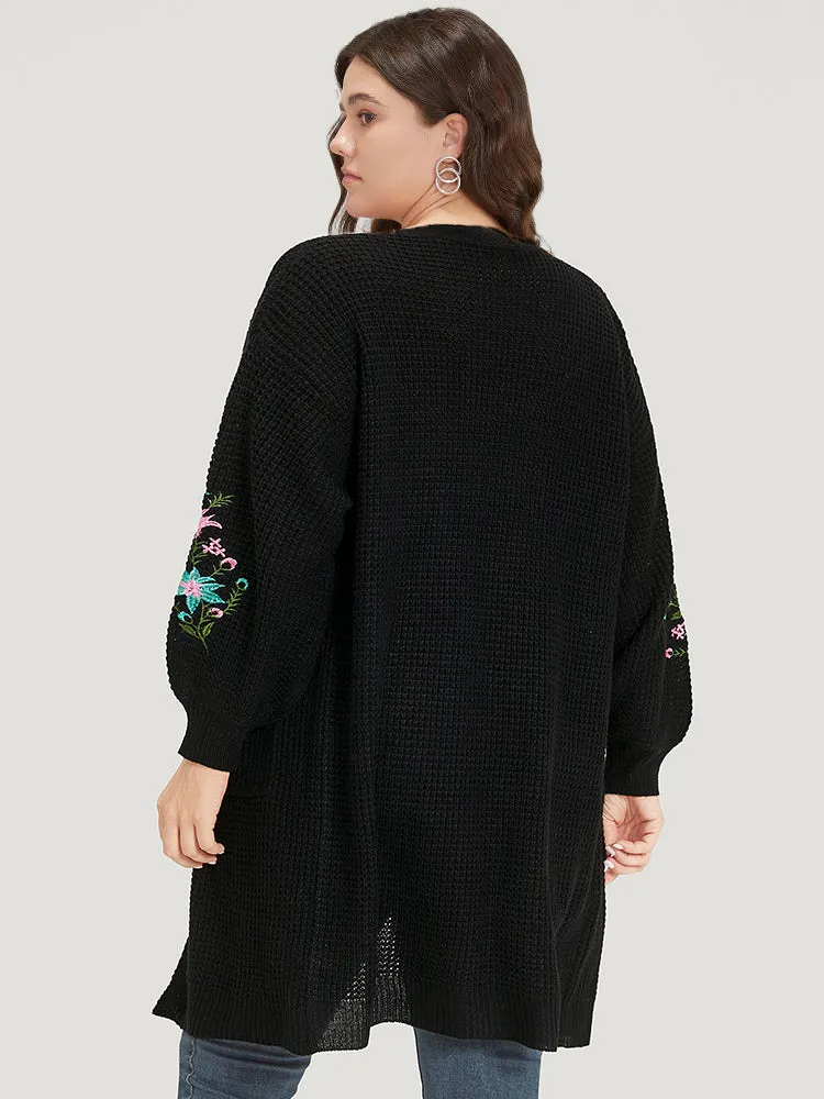 Plants Embroidered Lantern Sleeve Open Front Cardigan