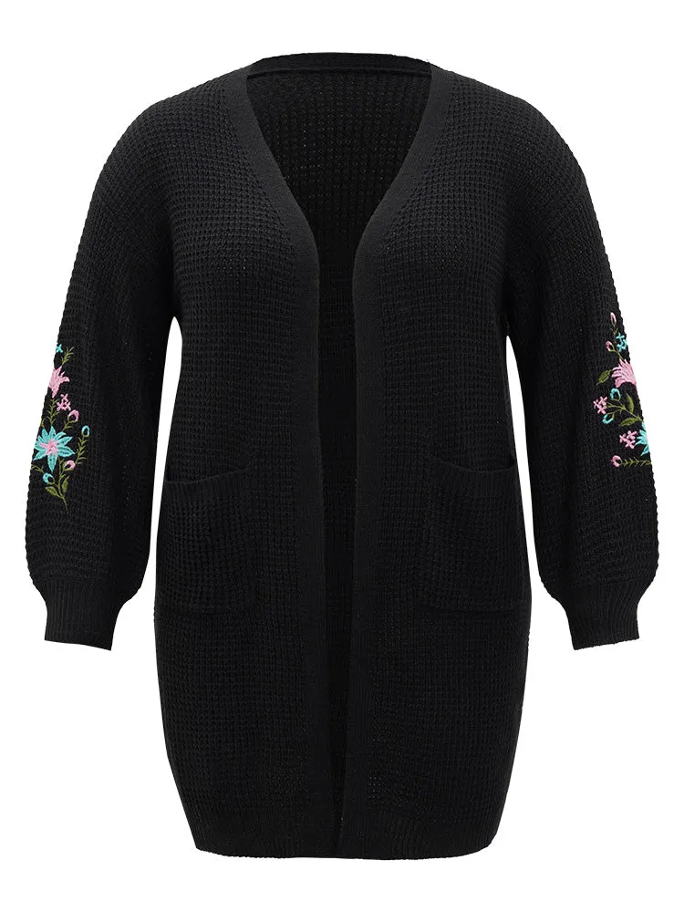 Plants Embroidered Lantern Sleeve Open Front Cardigan
