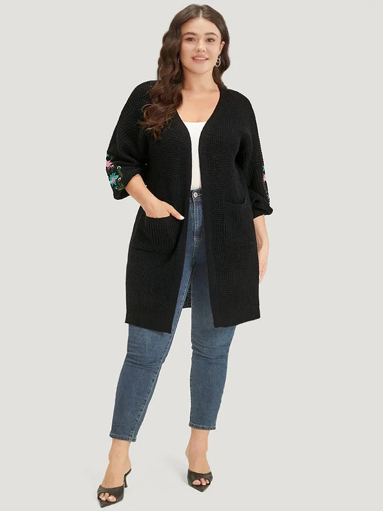 Plants Embroidered Lantern Sleeve Open Front Cardigan