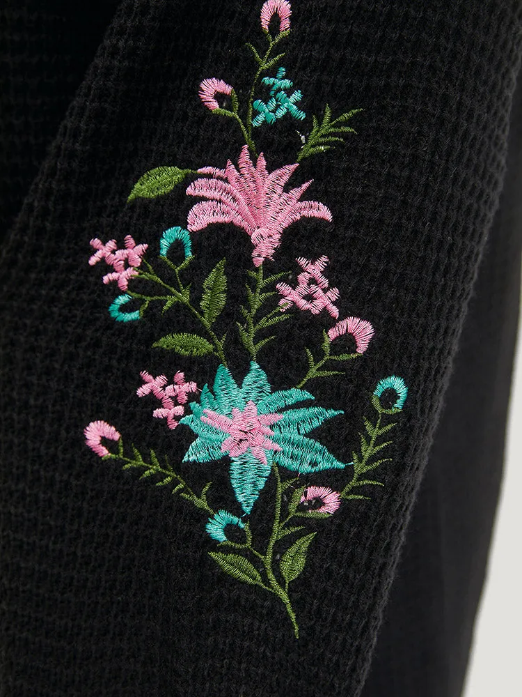 Plants Embroidered Lantern Sleeve Open Front Cardigan