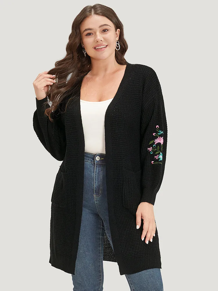 Plants Embroidered Lantern Sleeve Open Front Cardigan