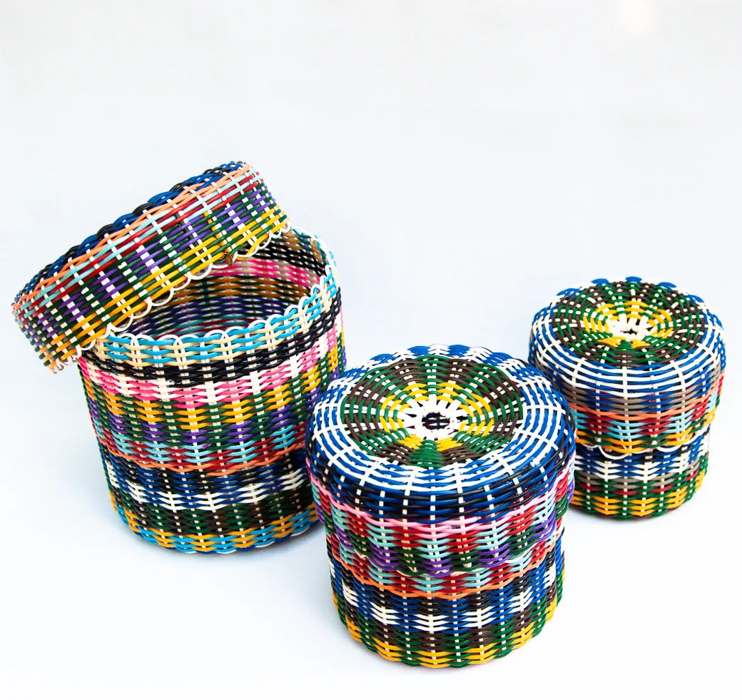 round 'catch all' with lid ~ multicolor stripes