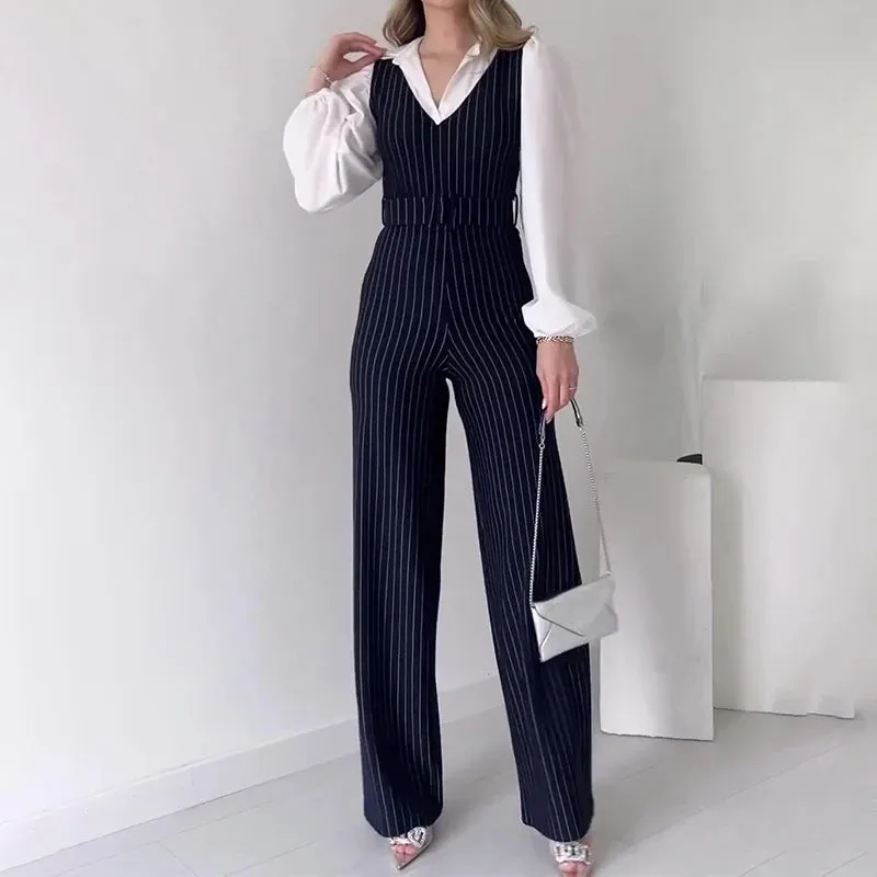 UAKISS  -  FemaleV Neck Striped Straight Jumpsuit Vintage Hollow Out Sleeveless Belt Rompers Office Fashion Slim Long Pants Vest Playsuit