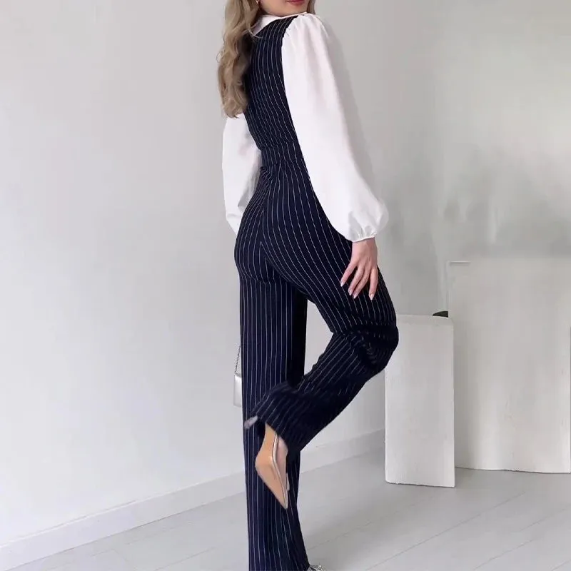 UAKISS  -  FemaleV Neck Striped Straight Jumpsuit Vintage Hollow Out Sleeveless Belt Rompers Office Fashion Slim Long Pants Vest Playsuit