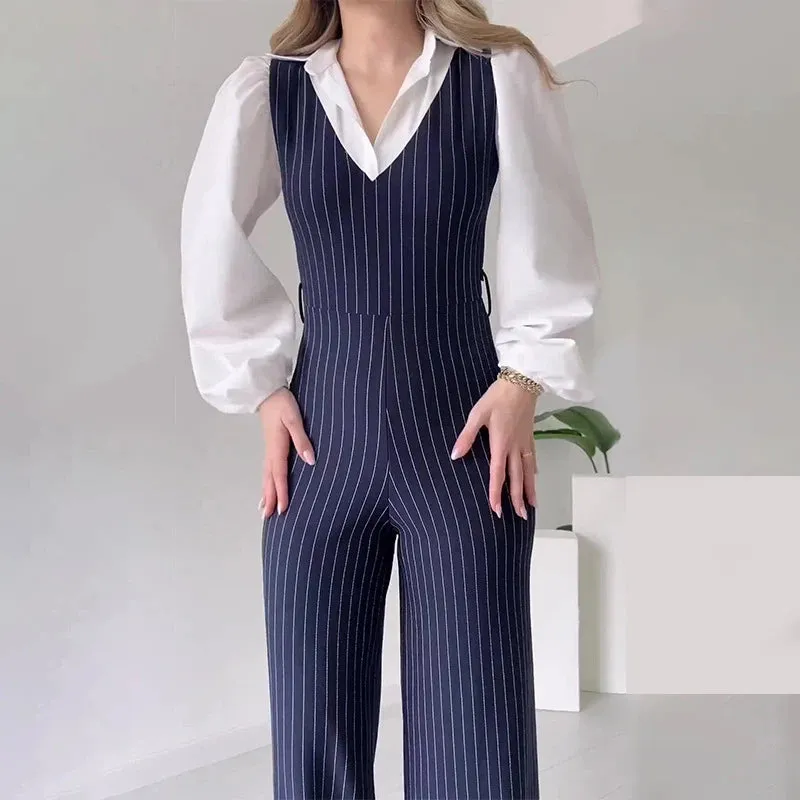 UAKISS  -  FemaleV Neck Striped Straight Jumpsuit Vintage Hollow Out Sleeveless Belt Rompers Office Fashion Slim Long Pants Vest Playsuit