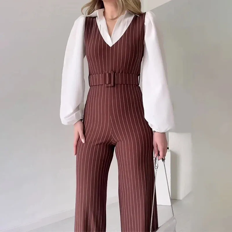 UAKISS  -  FemaleV Neck Striped Straight Jumpsuit Vintage Hollow Out Sleeveless Belt Rompers Office Fashion Slim Long Pants Vest Playsuit