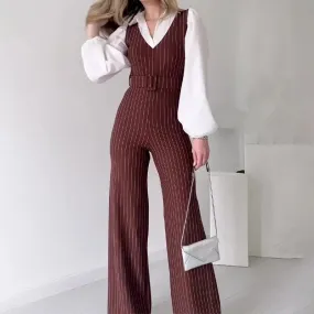 UAKISS  -  FemaleV Neck Striped Straight Jumpsuit Vintage Hollow Out Sleeveless Belt Rompers Office Fashion Slim Long Pants Vest Playsuit