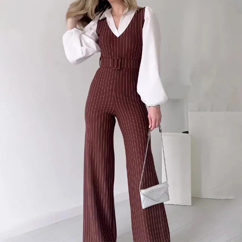 UAKISS  -  FemaleV Neck Striped Straight Jumpsuit Vintage Hollow Out Sleeveless Belt Rompers Office Fashion Slim Long Pants Vest Playsuit