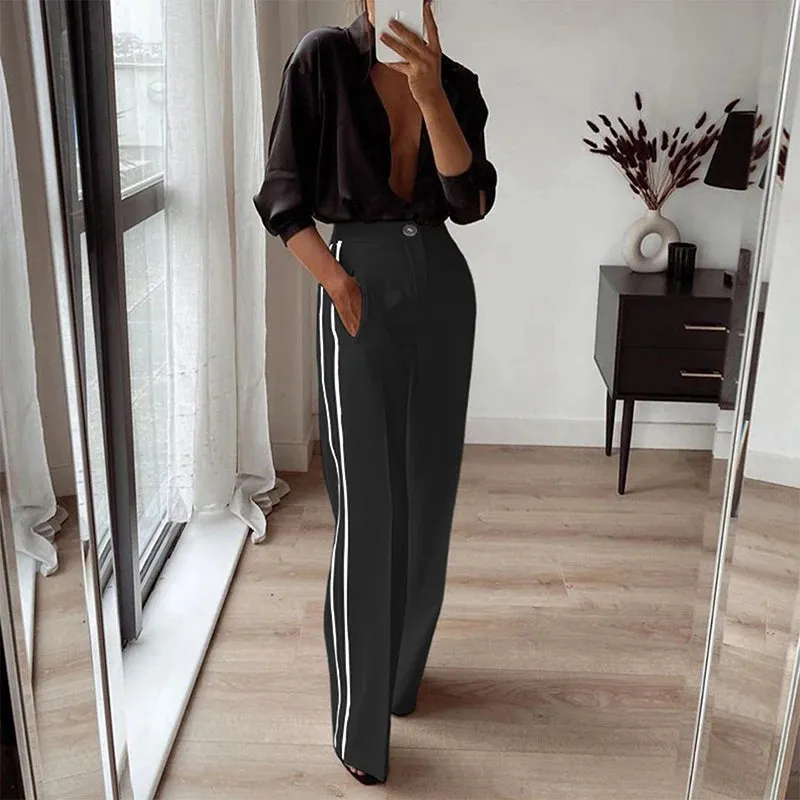 UAKISS  -  Vintage Side Striped Straight Pants for Women 2025 Spring Button Mid Waist Office Pant New Summer Casual Pocket Long Pant New