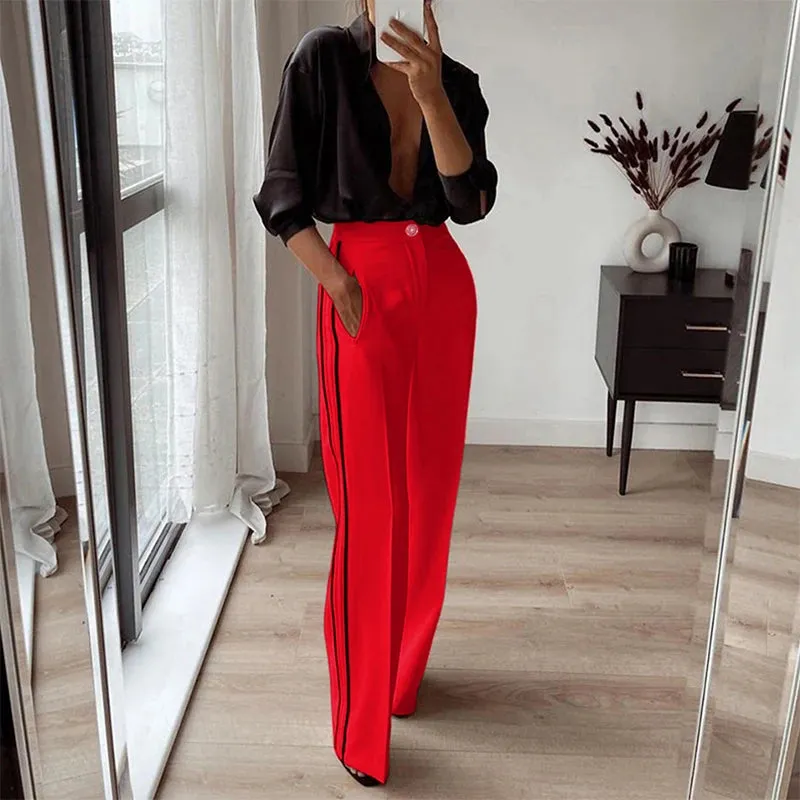 UAKISS  -  Vintage Side Striped Straight Pants for Women 2025 Spring Button Mid Waist Office Pant New Summer Casual Pocket Long Pant New