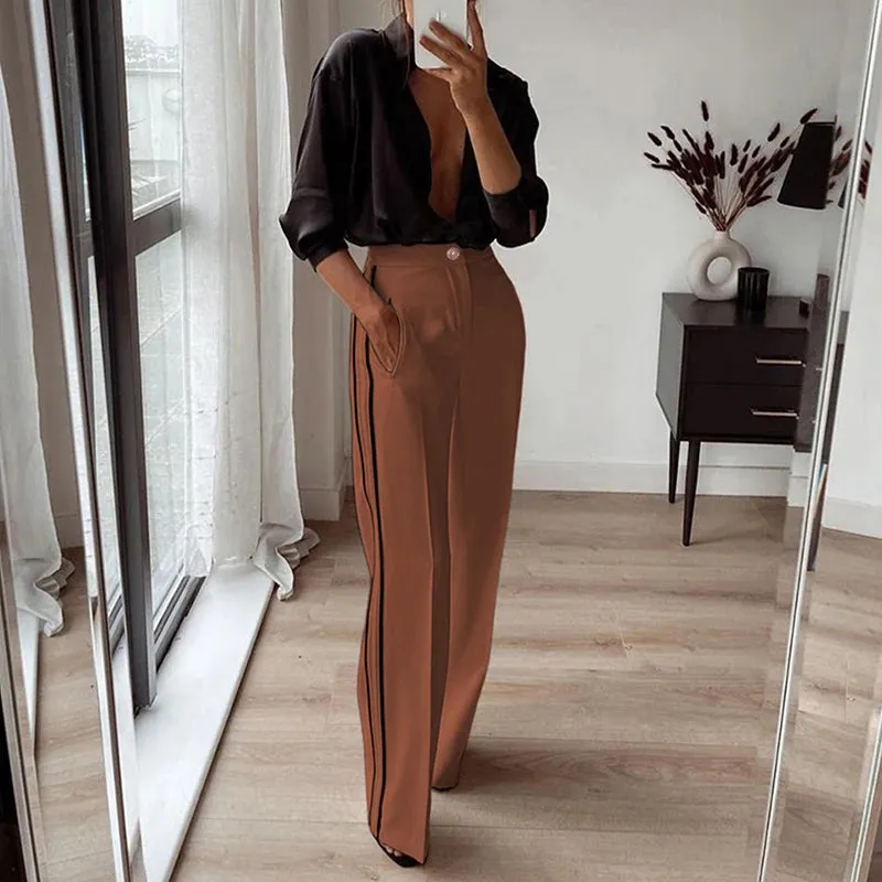 UAKISS  -  Vintage Side Striped Straight Pants for Women 2025 Spring Button Mid Waist Office Pant New Summer Casual Pocket Long Pant New