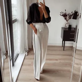 UAKISS  -  Vintage Side Striped Straight Pants for Women 2025 Spring Button Mid Waist Office Pant New Summer Casual Pocket Long Pant New